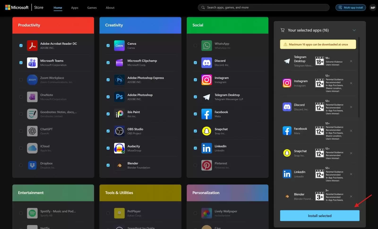 网页版微软应用商店上线批量安装:可选64款热门应用、一次最多安装16款