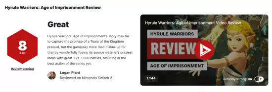 塞尔达无双：封印战纪获IGN 8分：玩法创新出色，剧情略显遗憾