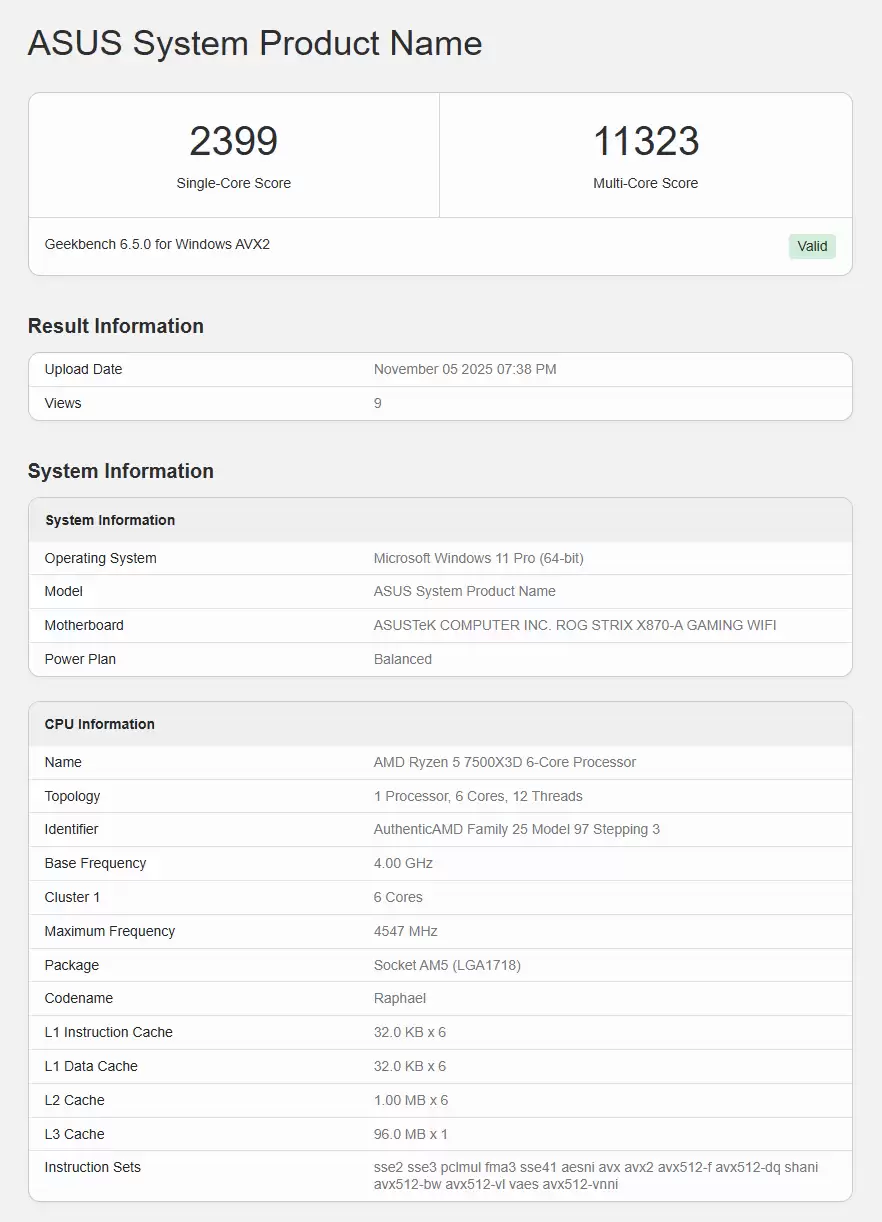 AMD 7500X3D 处理器性能首曝，96MB L3 缓存、比 7600X3D 慢约 8%