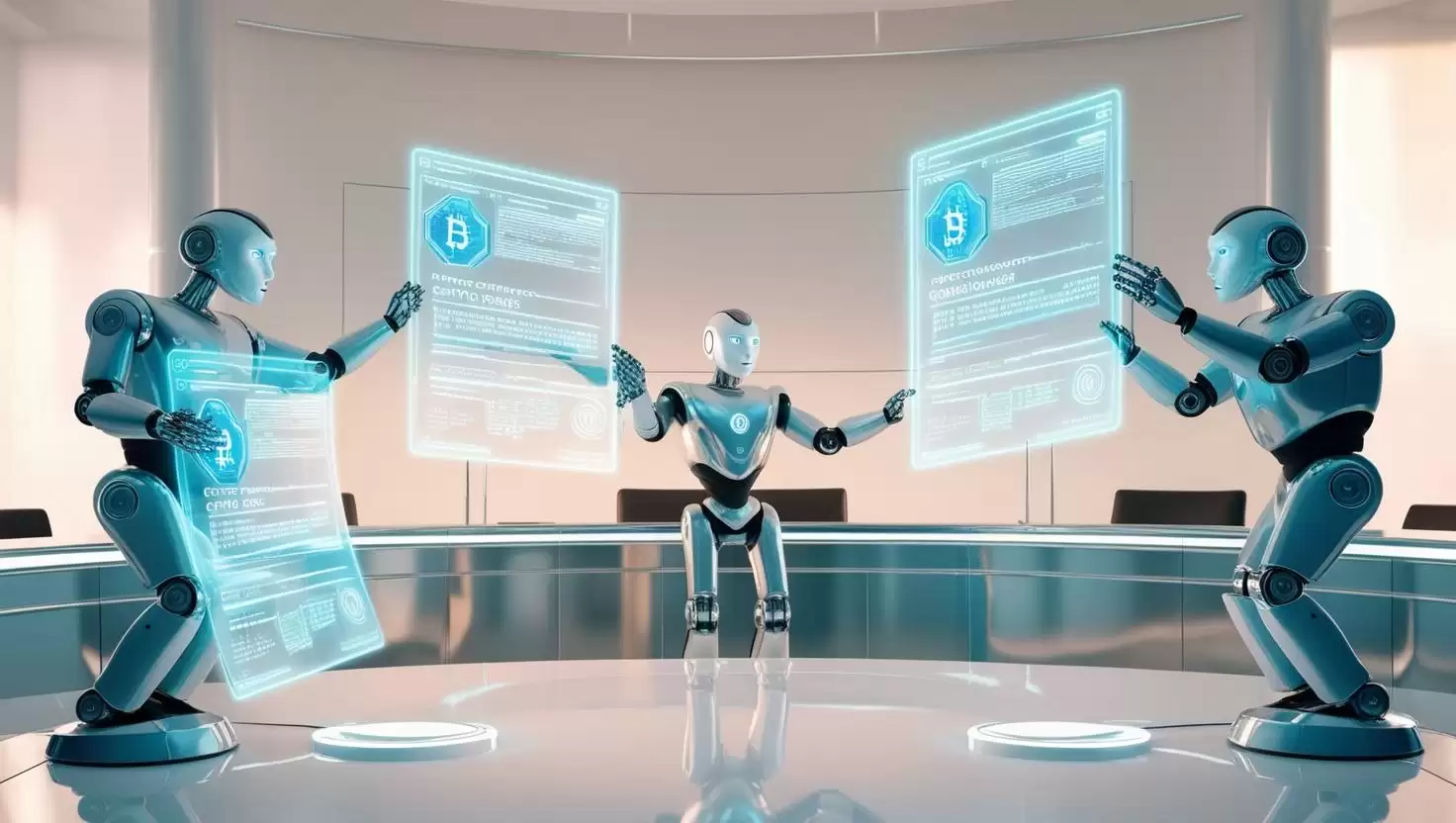3D futuristic courtroom scene with crypto bankruptcy claims as glowing documents traded between robots, cyber-legal theme in a light style, no more element, no word.webp