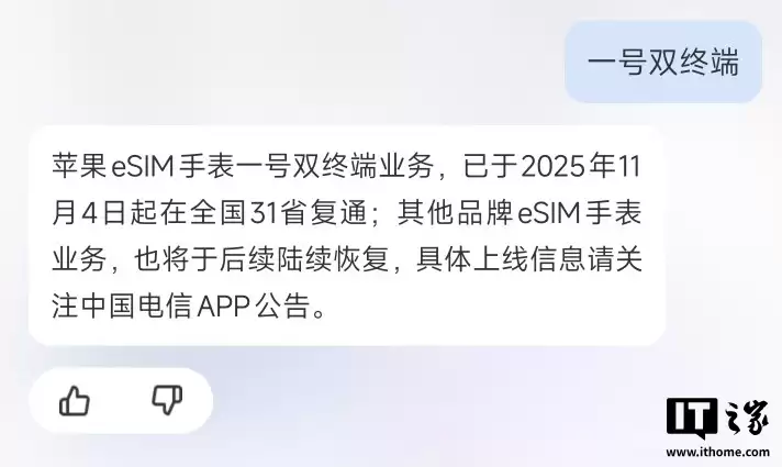 中国电信 Apple Watch 一号双终端 eSIM 业务复通：需 iOS 26.1 设备，其他品牌智能手表后续恢复