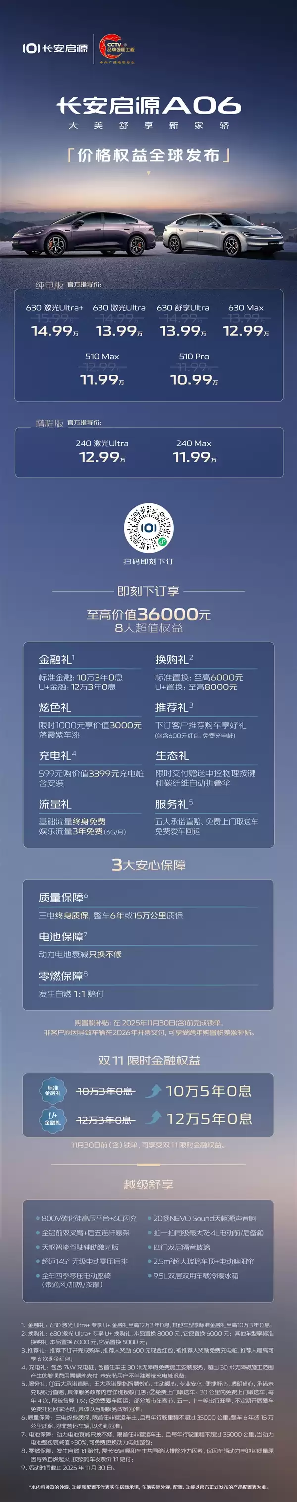 10.99—14.99万元!长安启源A06定价权益正式公布:六款纯电、两款增程