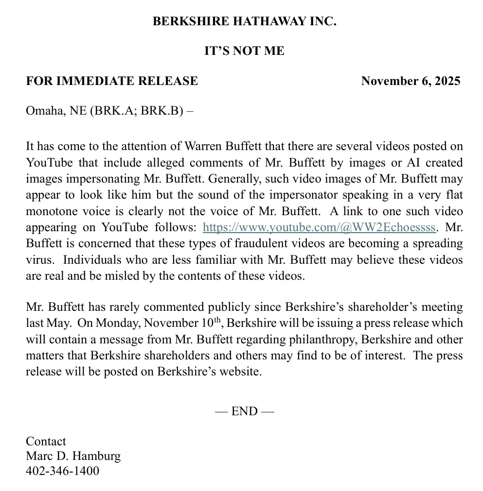 伯克希尔警告:网传 AI 生成巴菲特财务建议视频,声音明显不对