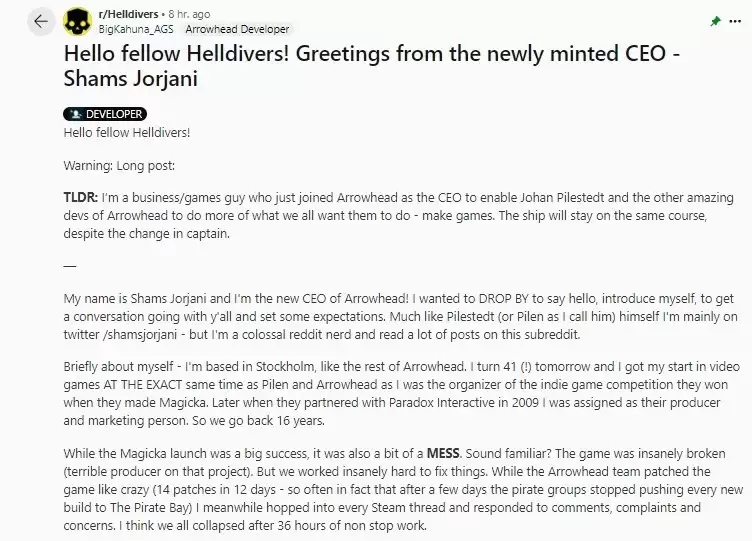 地狱潜者2 CEO回应玩家