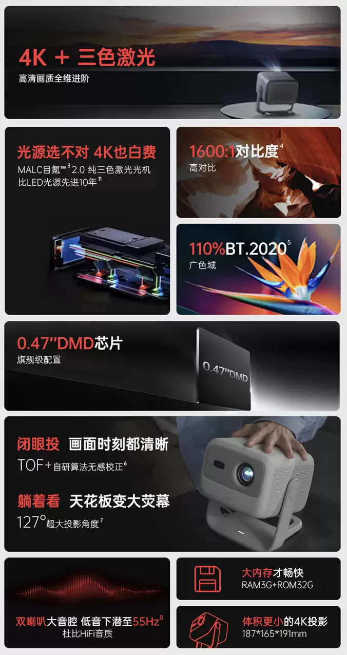 “抖4K”分辨率三色光机:坚果 N1S 投影仪 2982 元新低 3 期免息