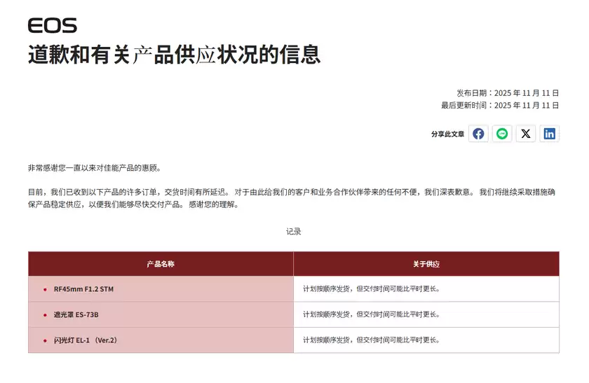 佳能宣布 RF45mm F1.2 STM 供应短缺