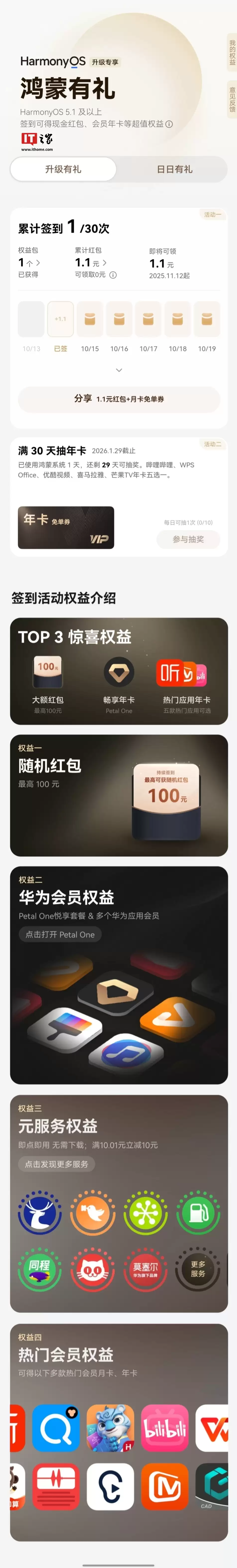 华为鸿蒙电脑开启新一期鸿蒙有礼活动，音乐、视频、云空间等十张年卡直接领