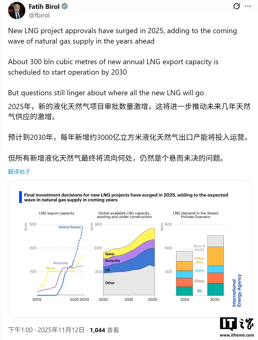 每日1.13亿桶：国际能源署预测全球石油和天然气需求将持续增长至2050年