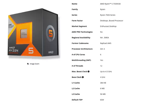 AMD发布锐龙5 7500X3D：Zen 4架构+96MB缓存，主打主流游戏市场