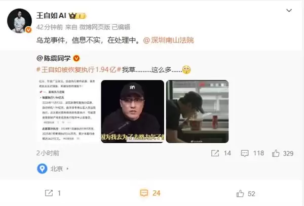 王自如回应被恢复执行1.94亿元：乌龙事件、信息不实