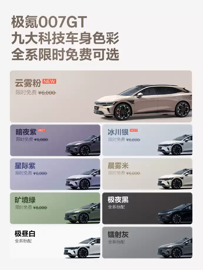 极氪 007 GT 推出全新云雾粉车色、黑紫内饰色,限时免费可选