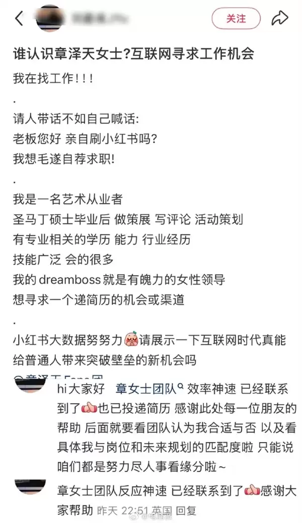 喊话章泽天求职网友未能入职 目前没有匹配岗位 团队多次道歉