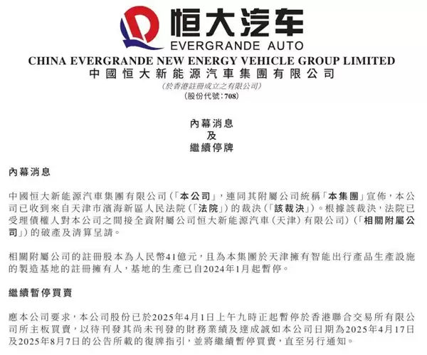 烧了数百亿 只交付1000多辆车!恒大汽车又一附属公司遭破产清算