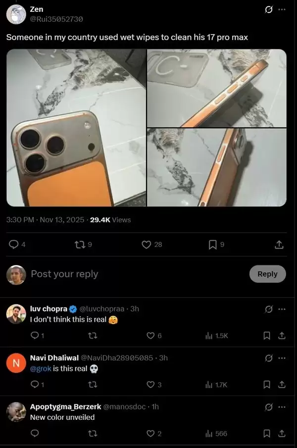 iPhone 17 Pro Max惊现异常掉漆:湿巾擦拭致涂层大片脱落