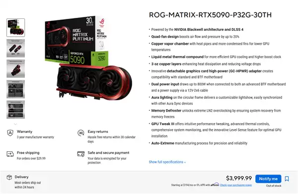 华硕限量ROG MATRIX RTX 5090显卡上架:溢价足足足一倍