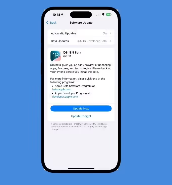 苹果 iOS 18.5 开发者预览版 Beta 发布 苹果 iOS 18.5 开发者预览版 Beta 发布