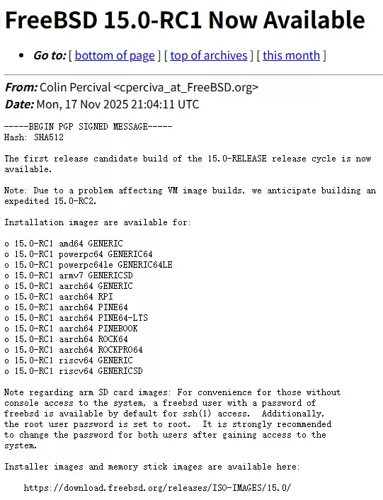 FreeBSD 15.0-RC1发布，12月2日将推正式版