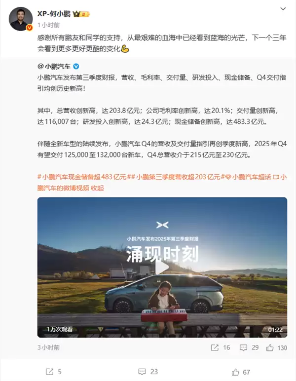 小鹏汽车Q3营收突破200亿创历史新高