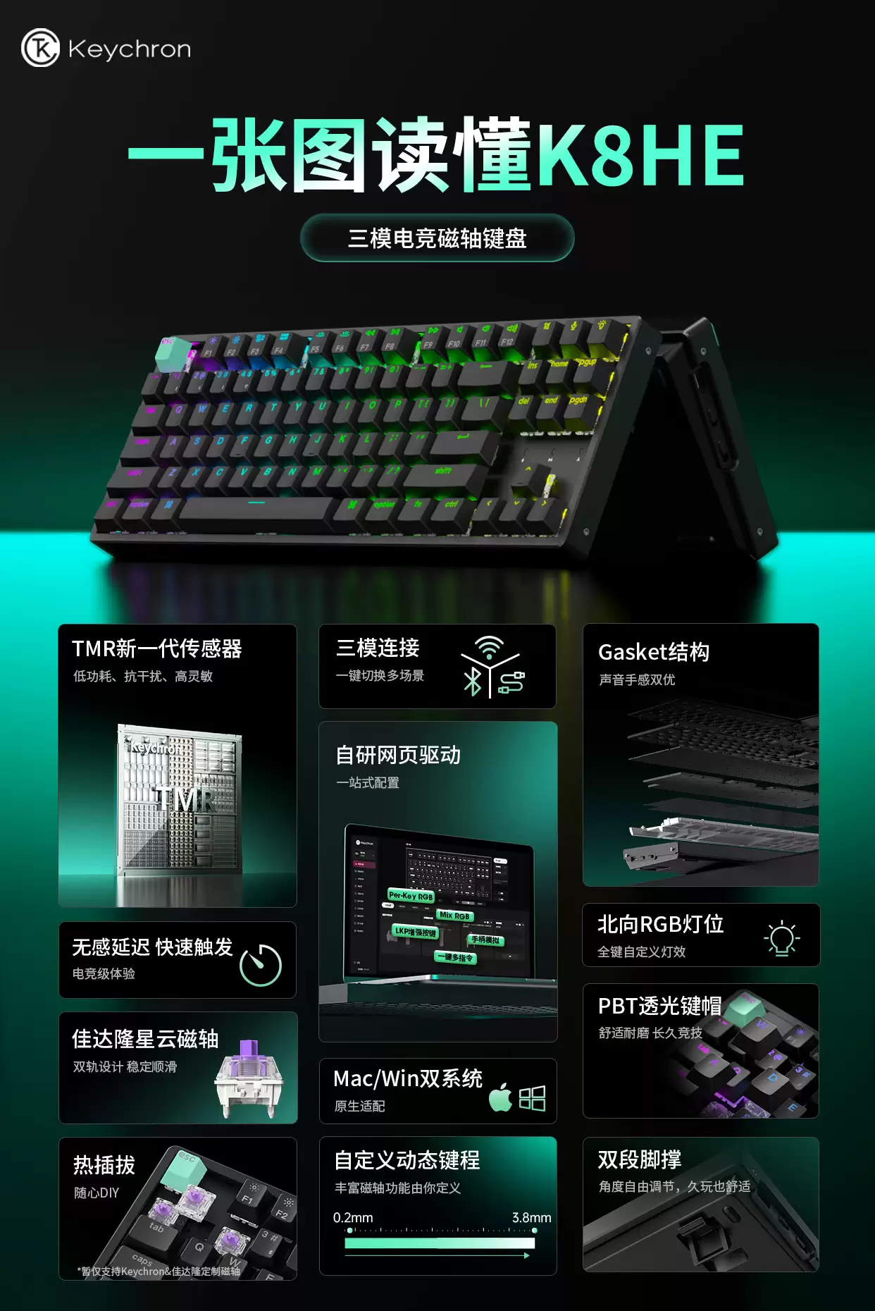 Keychron K8 HE 三模电竞键盘上市:TMR 磁轴,TKL 布局