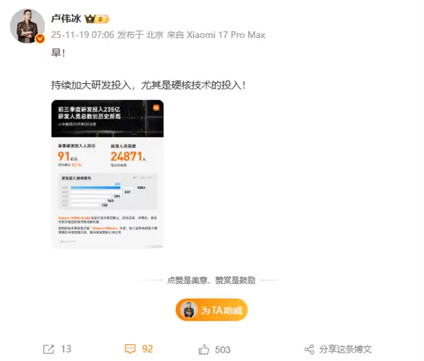 全年研发超300亿元!卢伟冰:持续加大研发投入 尤其是硬核技术