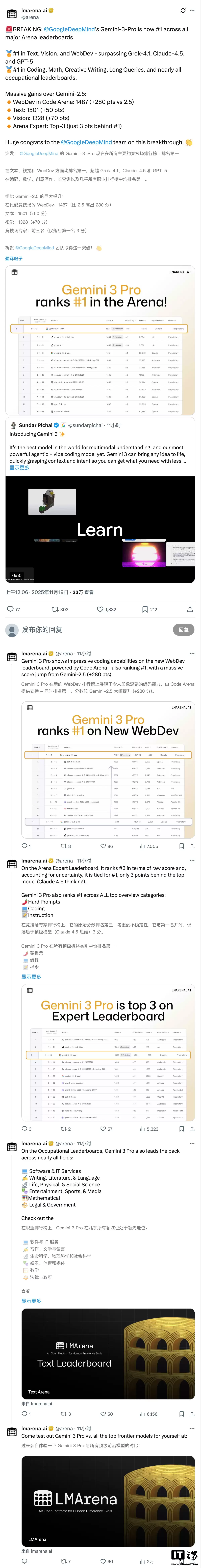 谷歌 Gemini 3.0 Pro 模型发布即登顶 LMArena,奥尔特曼、马斯克齐送贺电