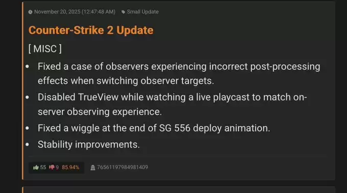 Cs2%E6%96%B0%E4%BC%98%E5%8C%96%EF%BC%811120%E6%9B%B4%E6%96%B0%E4%BF%AE%E5%A4%8DSG553%E6%8A%96%E5%8A%A8%E4%B8%8E%E8%A7%82%E5%AF%9F%E8%80%85bug%EF%BC%8C%E6%B8%B8%E6%88%8F%E7%A8%B3%E5%AE%9A%E6%80%A7%E5%85%A8%E9%9D%A2%E6%8F%90%E5%8D%87
