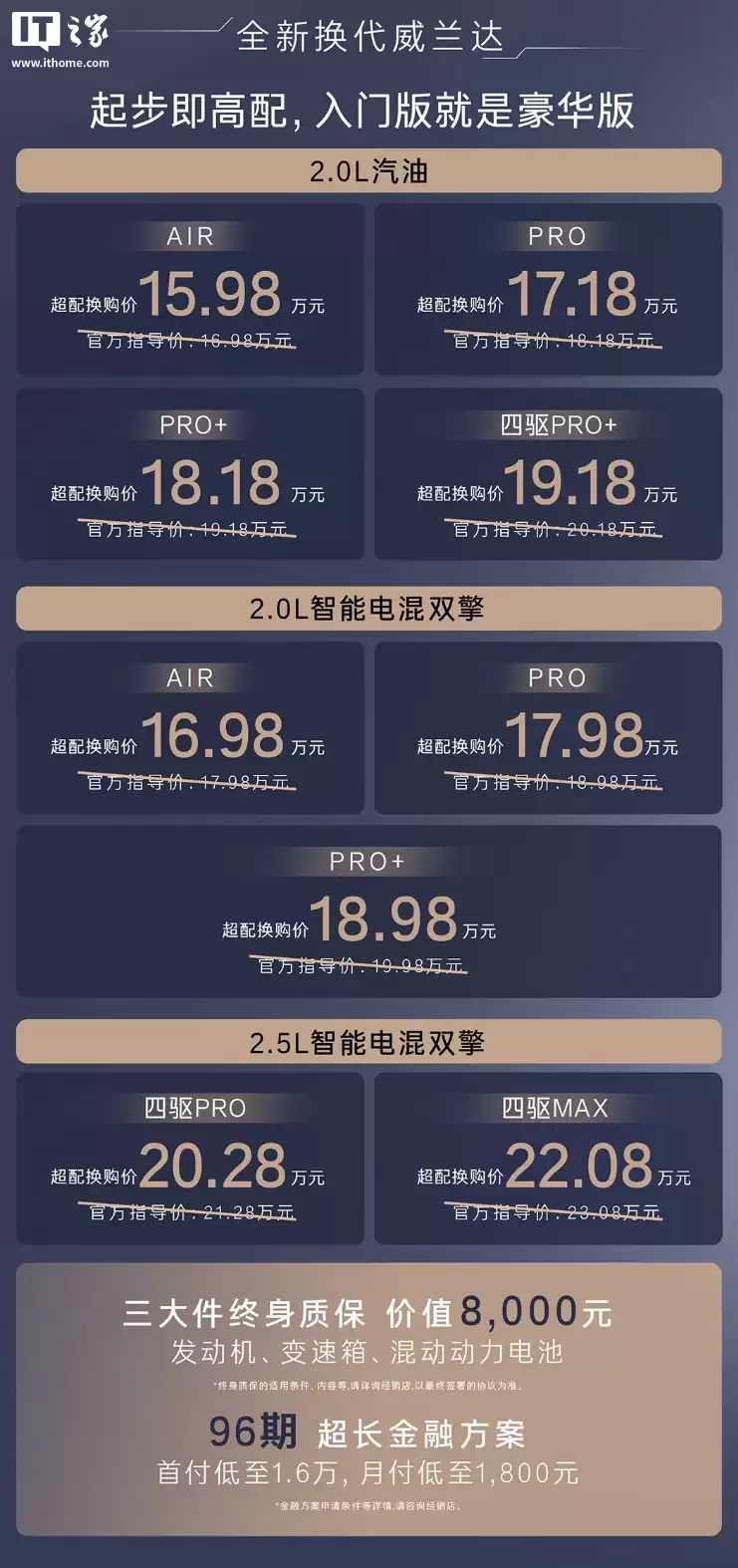 广汽丰田全新换代威兰达 SUV 发布:三种动力版本,16.98 万元起