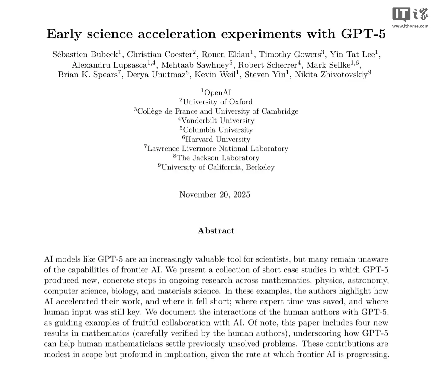 OpenAI：GPT-5 模型正开始减轻科学家日常工作量