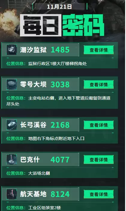 三角洲行动11月21日每日密码及密码房位置汇总