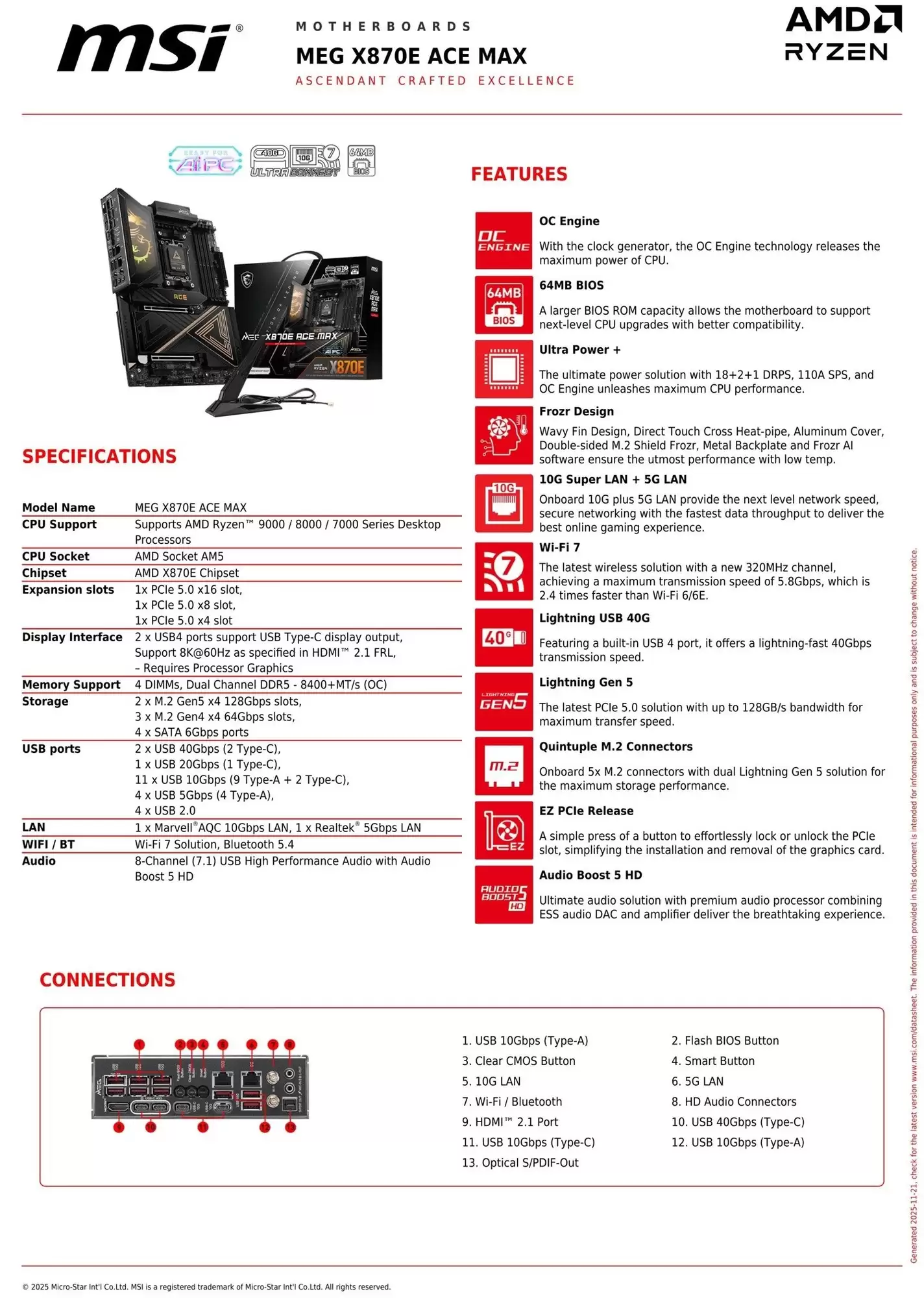 微星发布MEG X870E ACE MAX主板：支持PCIe 5.0、DDR5超频和Wi-Fi 7