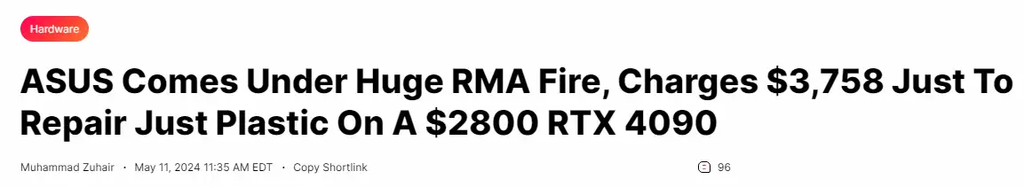 华硕退货政策引争议:修复小塑料件费用高达2万