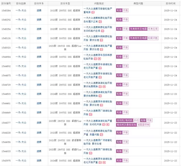 大众速腾遭车主集体投诉：质保期内原车轮胎开裂