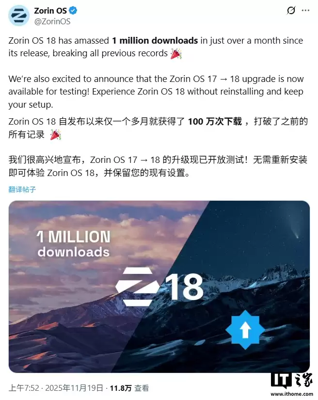 Zorin OS 18 首月下载量突破100万次，成替代Win10的最佳Linux发行版