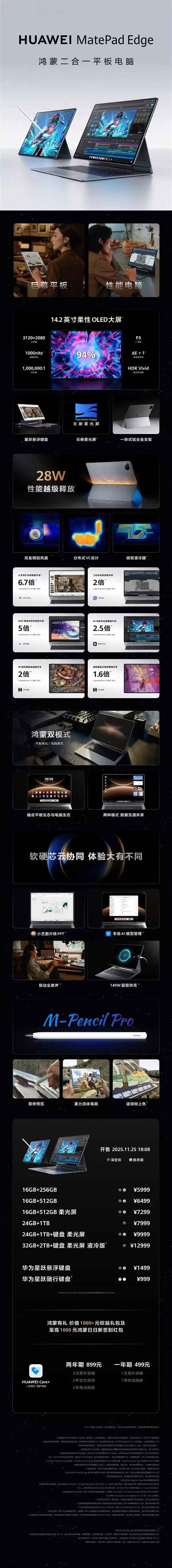 华为发布鸿蒙新平板MatePad Edge,售价5999元起