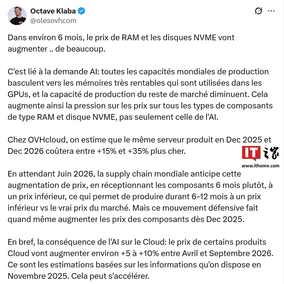 欧洲最大云服务企业 OVH 警告:部分产品明年 4~9 月将涨价 5~10%