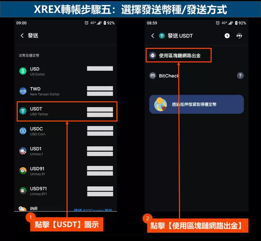 XREX转帐步骤五：选择发送币种-发送方式