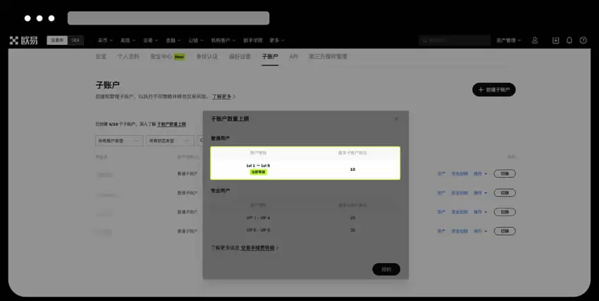 欧易OKX子账户创建步骤6：账户数量权限
