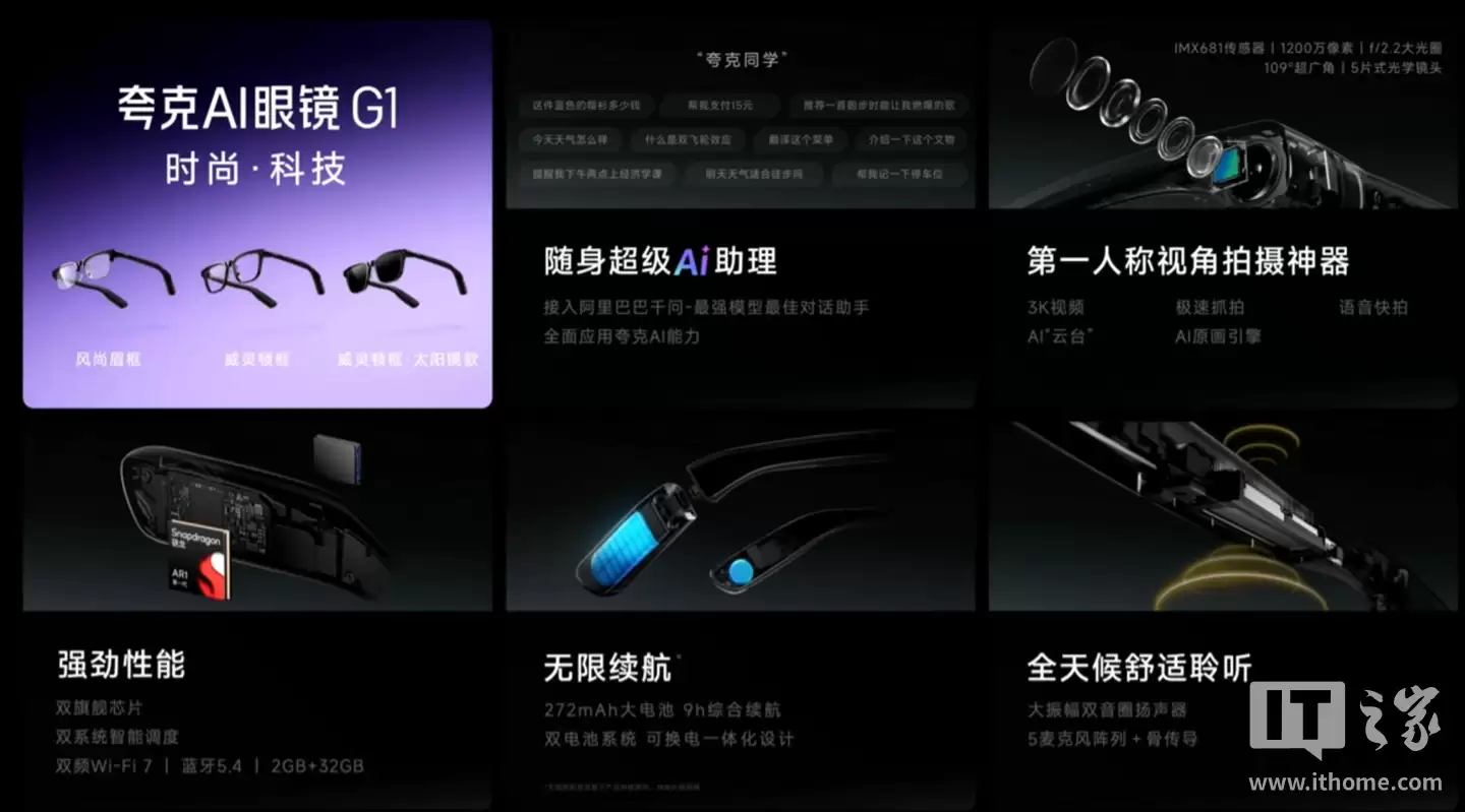 夸克 AI 眼镜 G1 发布：双芯双系统、3K 视频拍摄，1999 元起