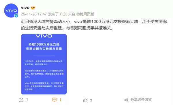 vivo捐赠1000万港币:支援香港大埔