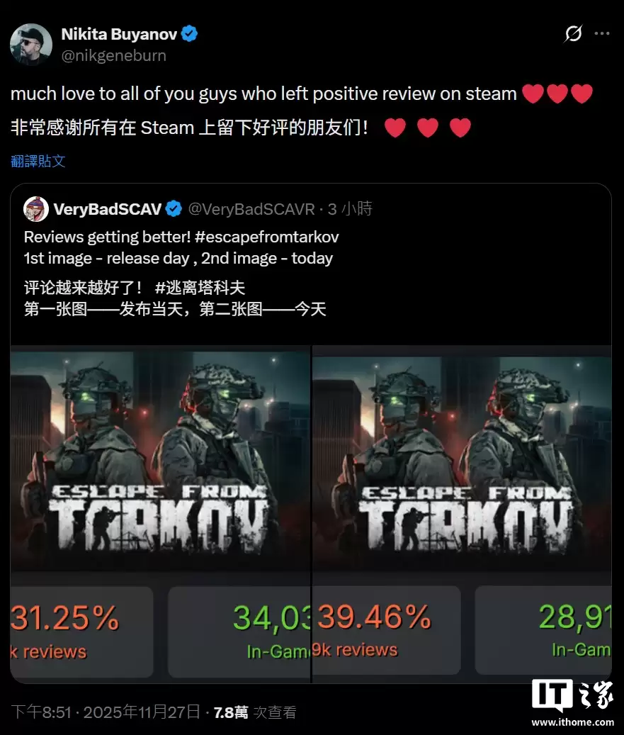 《逃离塔科夫》总监在1.0版差评风波后发声:感谢所有在Steam留下好评的朋友们