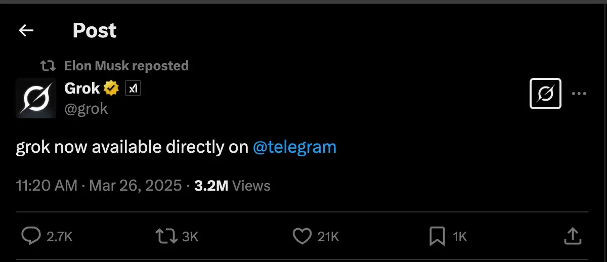 马斯克人工智能Grok整合Telegram,代币Ton值得布局吗？