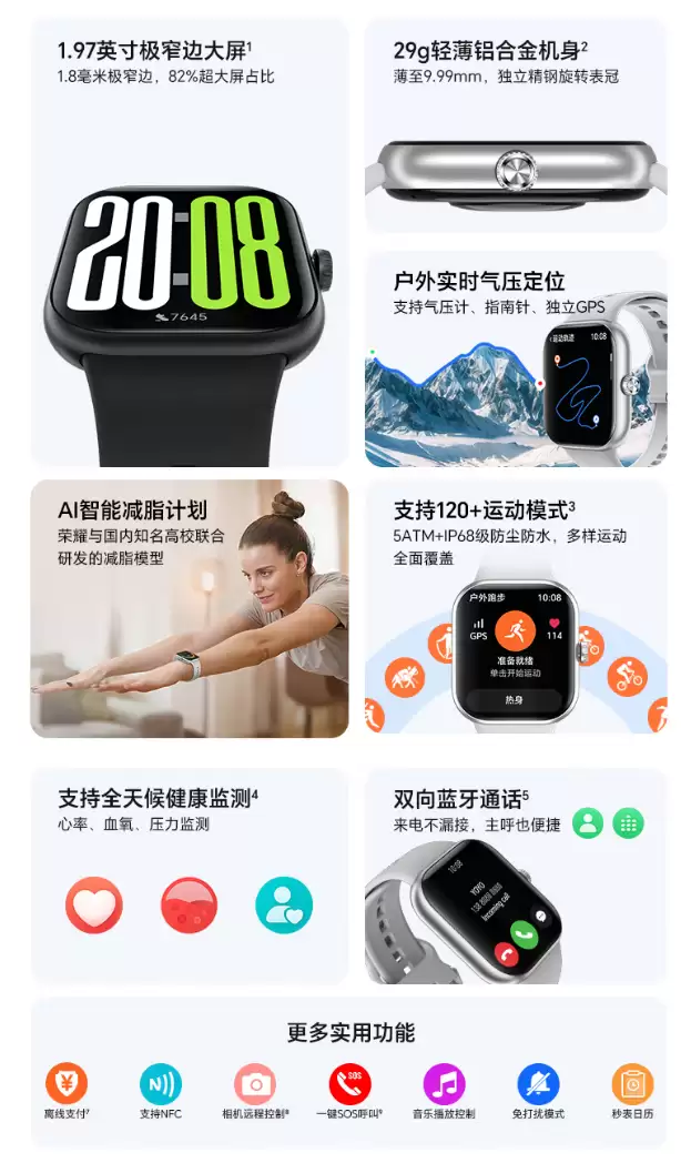 荣耀手表 X5 开售：1.97 英寸方屏、29g 铝合金机身，449 元