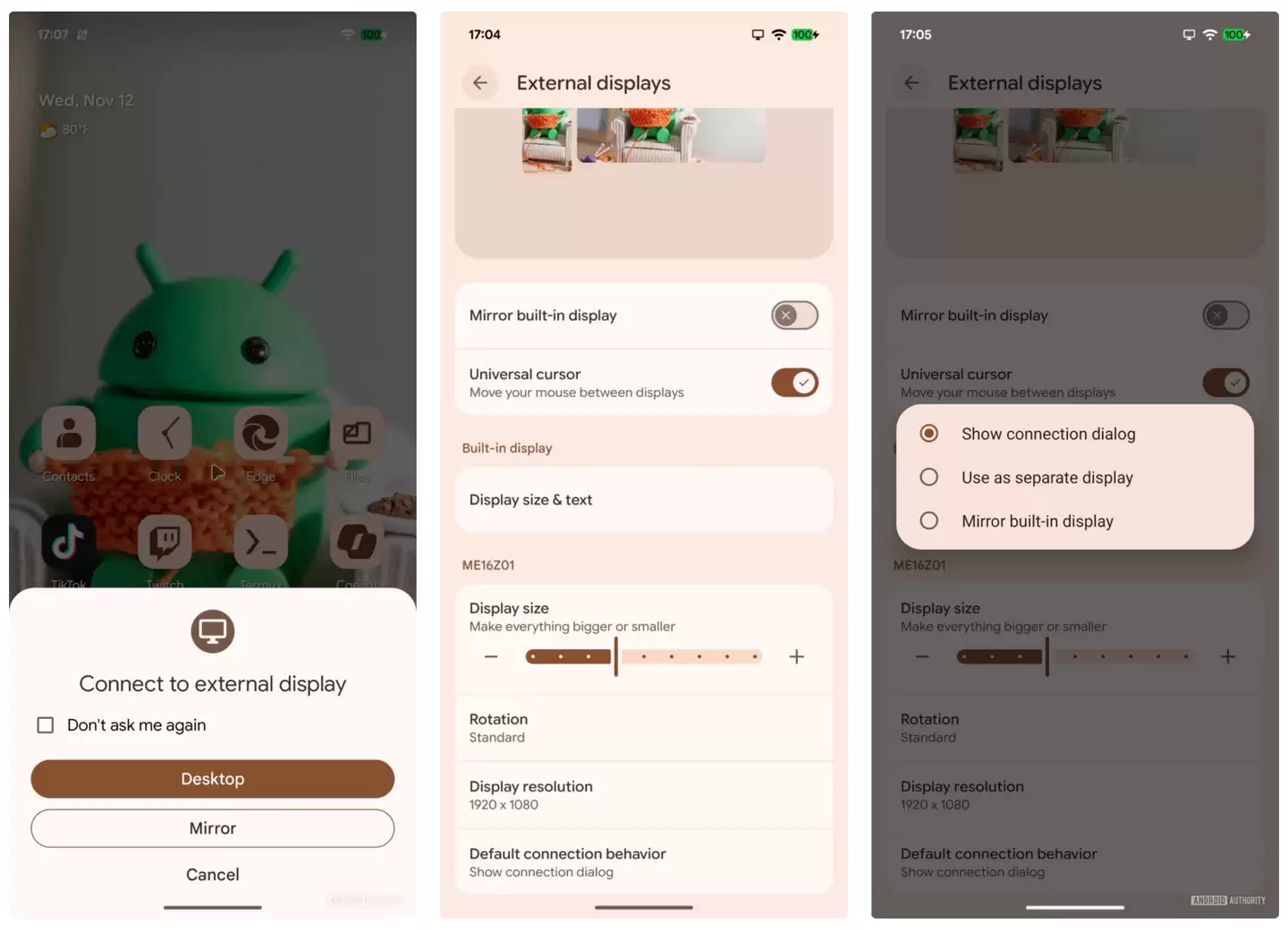 谷歌安卓 16 新特性：记忆外接显示器偏好，自动切换“桌面”和“镜像”