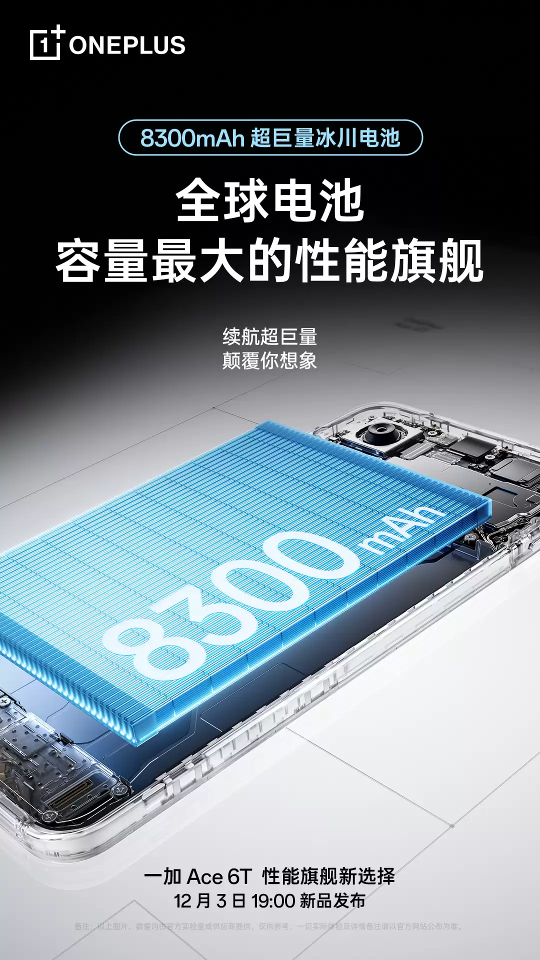 一加 Ace 6T 全球首发 8300mAh 冰川电池,号称“全球电池容量最大的性能旗舰
