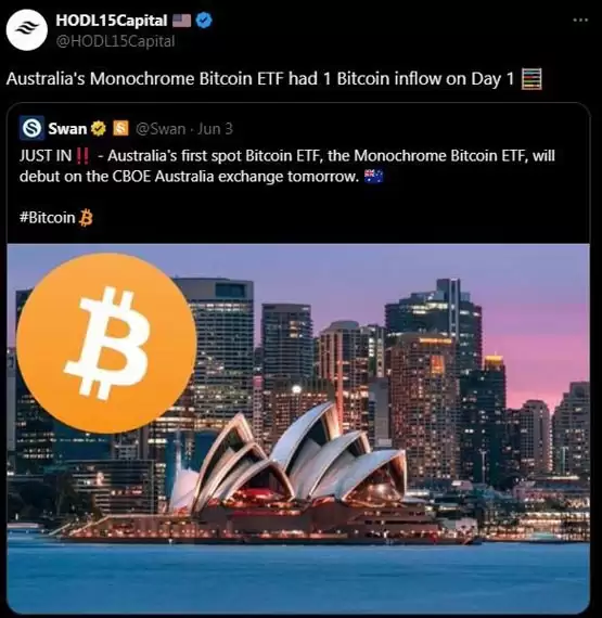 澳大利亚比特币现货ETF上市首日惨淡！IBTC仅净流入1枚BTC