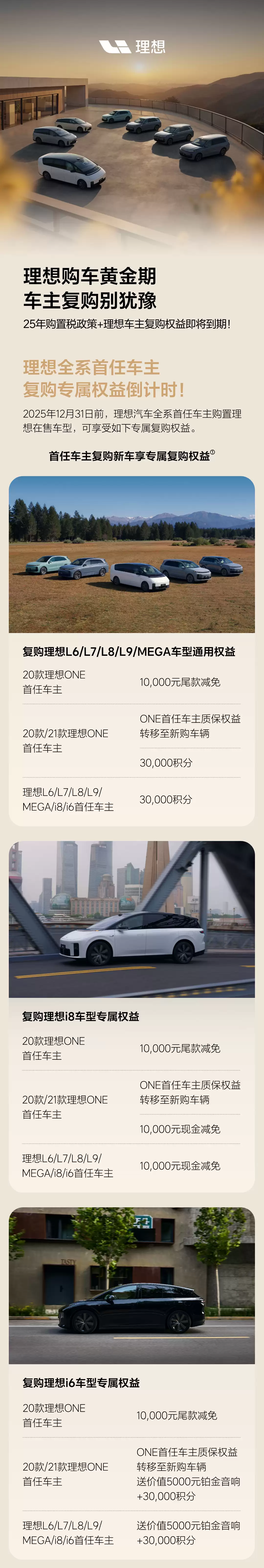 理想汽车宣布推出首任车主专属复购权益,最高1万元现金减免