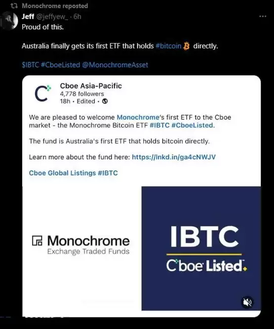 澳大利亚比特币现货ETF上市首日惨淡！IBTC仅净流入1枚BTC