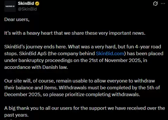 抓紧提现！《CS2》知名皮肤交易平台破产停运