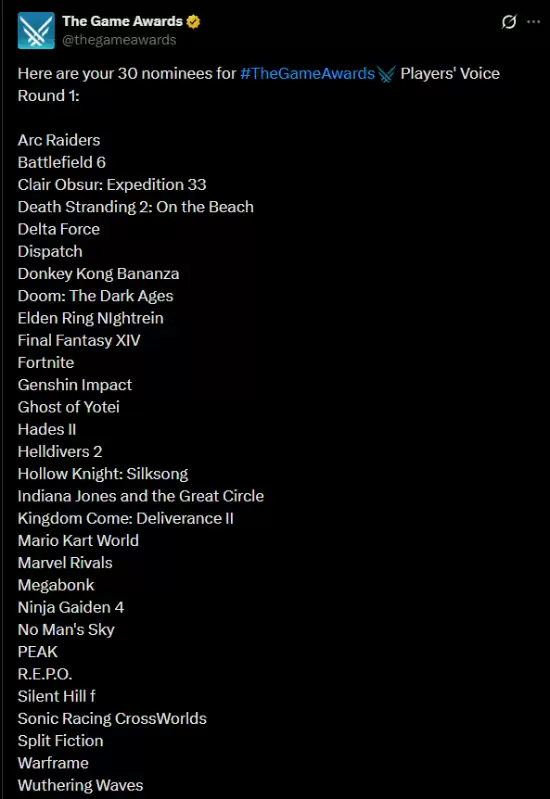 2024玩家之声投票开启:30款佳作角逐,三款国产游戏入围引关注