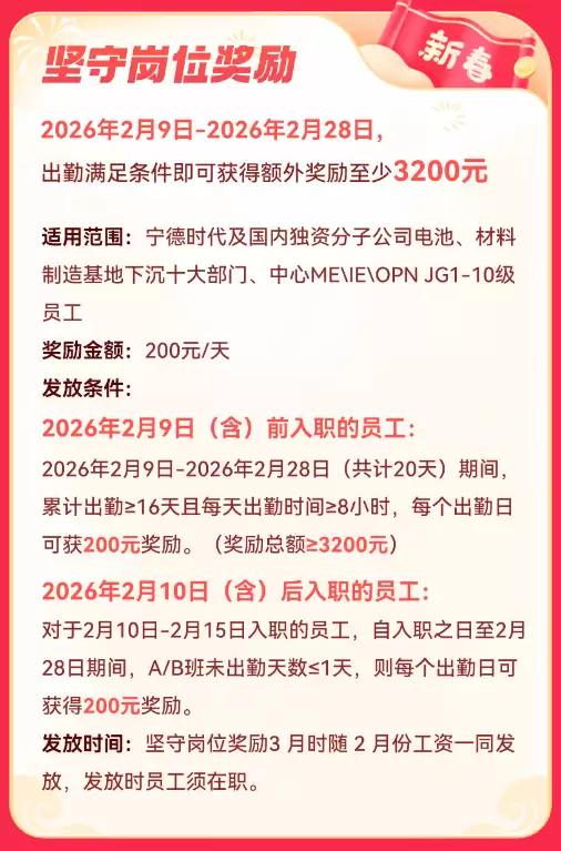 宁德时代发布最新奖励政策：春节坚守岗位可获3200元奖励